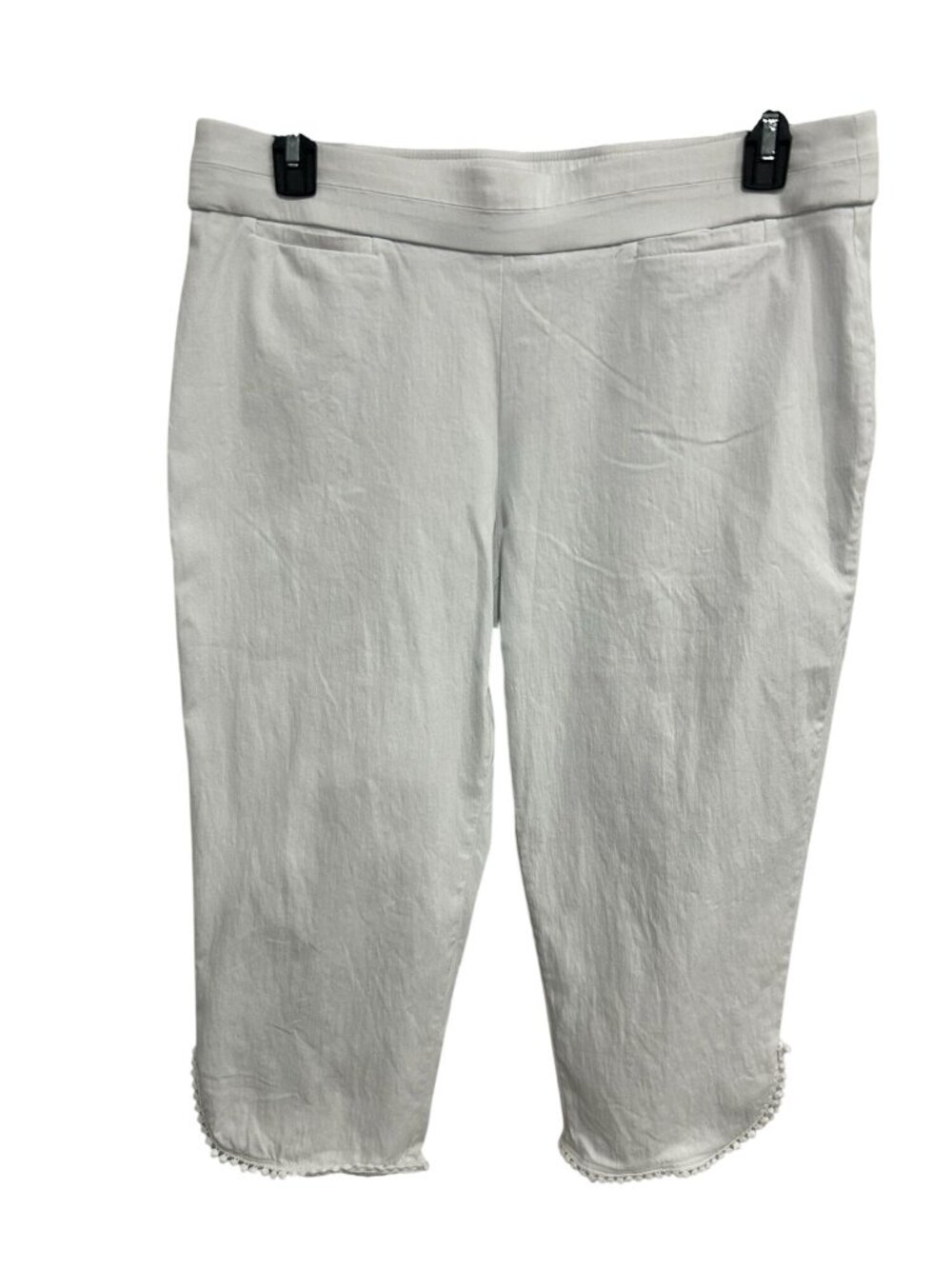 Coral Bay 16 White Cropped Pom-Pom Trim Stretch Pants Muted Palette Whimsical